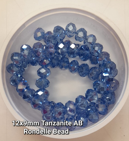 Tanzanite (light blue) AB 12x9mm Faceted Glass Rondelles