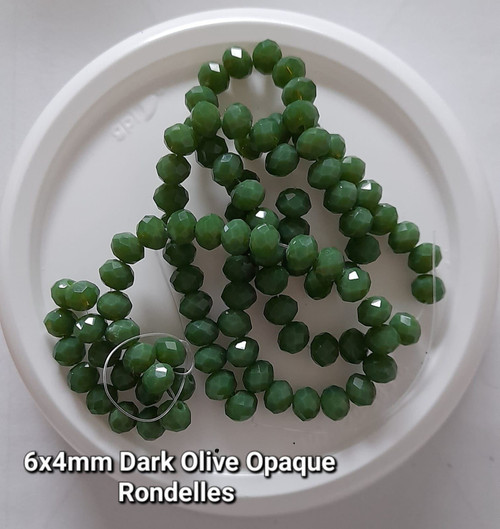 6x4mm Faceted Glass Rondelles - DARK OLIVE GREEN OPAQUE - approx 100 beads