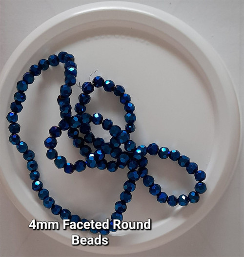 Strand of faceted round glass beads - approx 4mm, Blue Metallic, approx 100 beads, 14-16in