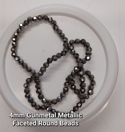 Strand of faceted round glass beads - approx 4mm, Gun Metal, approx 100 beads, 14-16in