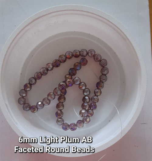 Strand of faceted round glass beads - approx 6mm, Light Plum AB, approx 50 beads, 12in