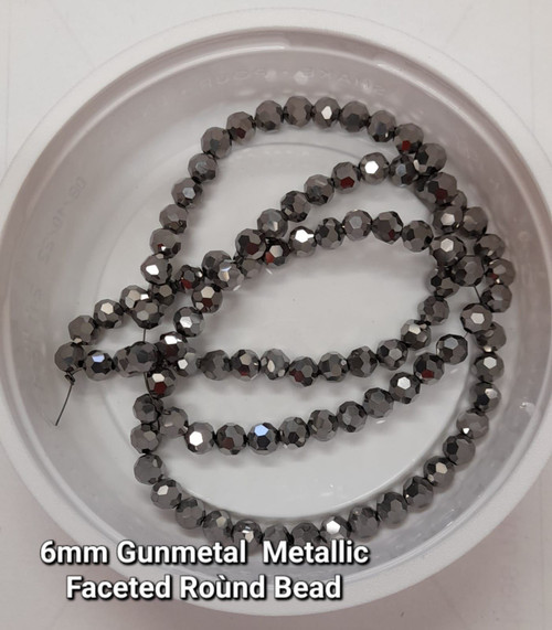 Strand of faceted round glass beads - approx 6mm, Gun Metal, approx 50 beads, 12in