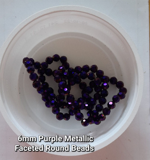 Strand of faceted round glass beads - approx 6mm, Purple Metallic, approx 50 beads, 12in