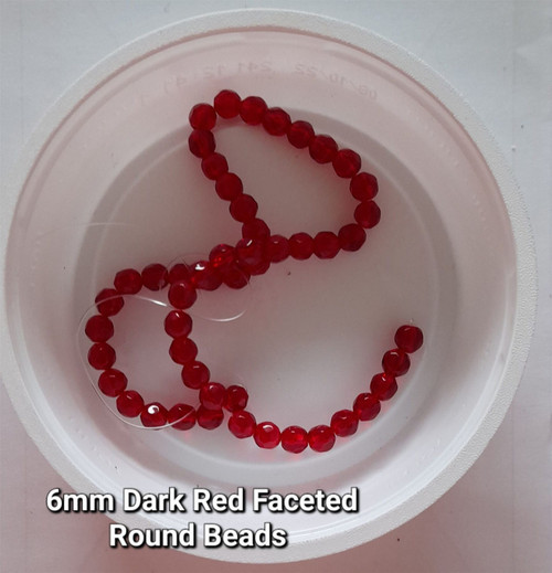 Strand of faceted round glass beads - approx 6mm, Dark Red, approx 50 beads, 12in