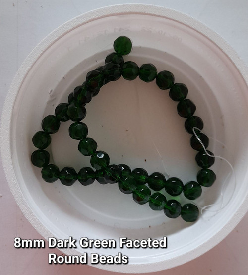 Strand of faceted round glass beads - approx 8mm, Dark Green, approx 40 beads, 12in