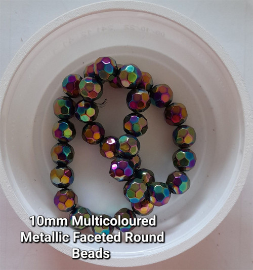 Strand of faceted round glass beads - approx 10mm, Multicolour Metallic, approx 30 beads, 12in