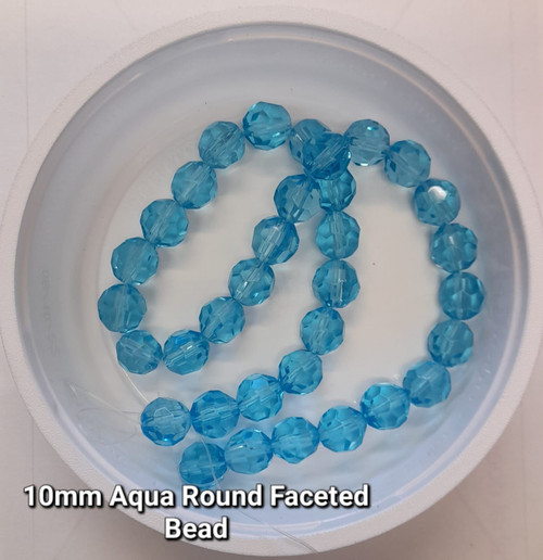 Strand of faceted round glass beads - approx 10mm, Aqua, approx 30 beads, 12in