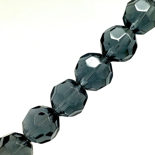 Strand of faceted round glass beads - approx 10mm, Dark Grey, approx 30 beads, 12in