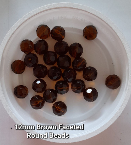 Strand of faceted round glass beads - approx 12mm, Brown, approx 28 beads, 12in