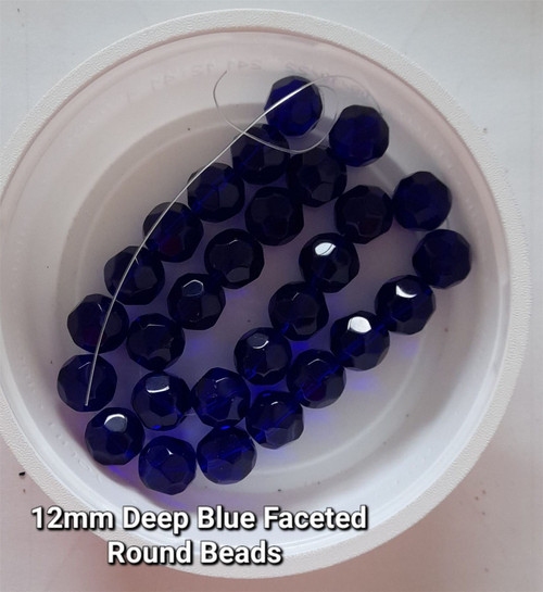 Strand of faceted round glass beads - approx 12mm, Deep Blue, approx 28 beads, 12in