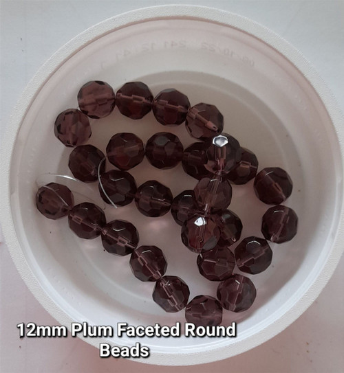 Strand of faceted round glass beads - approx 12mm, Plum, approx 28 beads, 12in