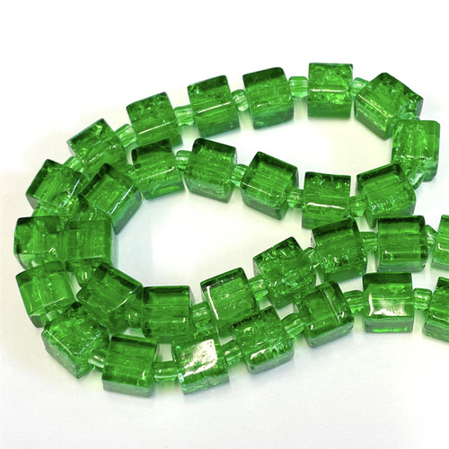 6mm Crackle Glass Cube Beads - Emerald Green, approx 50 beads