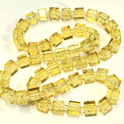 6mm Crackle Glass Cube Beads - Yellow, approx 50 beads