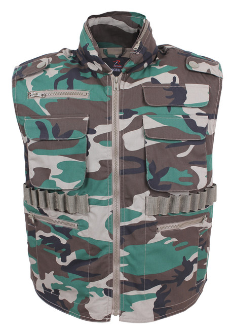 Rothco's Ranger Vest is constructed with a Cotton / Polyester material and features eight front hook & loop and zippered pockets, rear hook & loop game bag, shell loops and a zippered collar with hood. The vest is available in 6 colors including Woodland Camouflage and Black (Black is also available in kid's sizes as well)