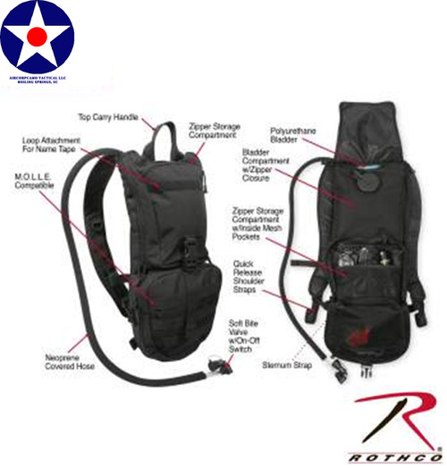 3 Liter Bladder, M.O.L.L.E. Compatible, Neoprene Covered Plastic Hose With Bite Valve, Bite Valve With On-Off Switch, Quick Release Shoulder Straps, Sternum Strap, Top Carry Handle, Zipper Close Bladder Compartment, Front Zipper Close Storage Compartment, 2 - D Rings At Bottom, Loop For Name Tag/Badge Attachment