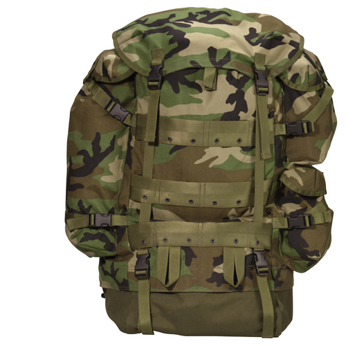 The Ultimate Military Backpack , Better than MIL-SPEC replica of the Issue U.S. Military Pack , Rugged Internal Frame , Zippered Sleeping Bag Access , Super Padded Kidney Pad and Lumbar Support , Huge Side Pockets , Side Compression Straps , Top Grab Handle. Woodland Camouflage pattern.