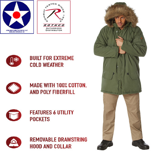 Tackle the Cold: Stay warm and comfortable this winter with our Vintage N-3B Parka. Featuring a durable cotton outer shell that helps insulate your body temperature, this parka jacket easily overcomes rugged terrains and extreme cold weather. From outdoor sports and activities to field missions and emergencies, this heavy-duty parka will become a must-have for your winter wardrobe.