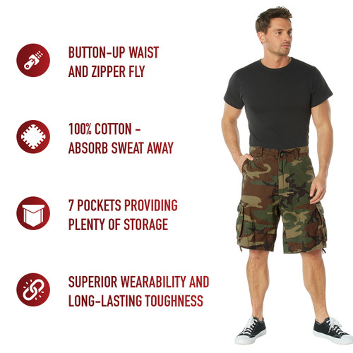 Blend tactical edge with everyday style in Rothco Vintage Utility Cargo Shorts – Woodland Camo. Durable, versatile, and built for all-day wear.