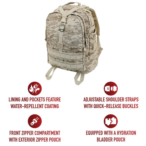 Ample Storage Space: Measures 19 inch x 15 inch x 8 inch for all gear storage needs. The perfect bag for your next camping trip or outdoor excusions.
Hydration Bladder Compatible: Stay hydrated on the move with dedicated pouch inside the tactical pack. (Bladder Not Included)
Water-Repellent Lining: Protects gear from moisture and the elements.
Heavy-Duty Zippers: Main compartment zippers extend for easy access and storage.
Adjustable Comfort: Padded shoulder straps and removable waist belt ensure a comfortable fit for extended travel. Ample Storage Space: Measures 19 inch x 15 inch x 8 inch for all gear storage needs. The perfect bag for your next camping trip or outdoor excusions.
Hydration Bladder Compatible: Stay hydrated on the move with dedicated pouch inside the tactical pack. (Bladder Not Included)
Water-Repellent Lining: Protects gear from moisture and the elements.
Heavy-Duty Zippers: Main compartment zippers extend for easy access and storage.
Adjustable Comfort: Padded shoulder straps and removable waist belt ensure a comfortable fit for extended travel.