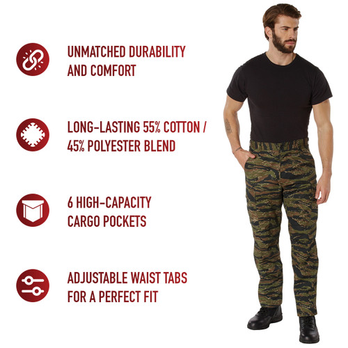 Rothco Camo Tactical BDU Pants – Tiger Stripe Camo pattern with durable rip-stop fabric, adjustable waist tabs, and reinforced seat & knees for rugged use. Rothco Camo Tactical BDU Pants – Tiger Stripe Camo pattern with durable rip-stop fabric, adjustable waist tabs, and reinforced seat & knees for rugged use.