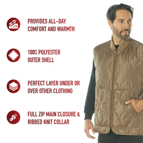 protection from the elements: Equipped with a full zip main closure and a ribbed knit collar, this outdoor vest helps block against the wind and cold. The deep slanted front pockets are great for storing essentials, like a phone, wallet, or keys, while also offering a place to warm your hands.