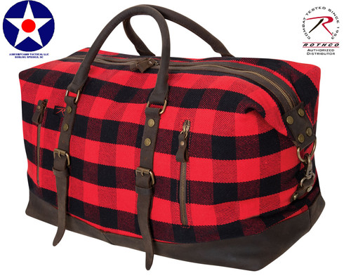 Red Plaid Canvas and Leather Extended Weekender Bag