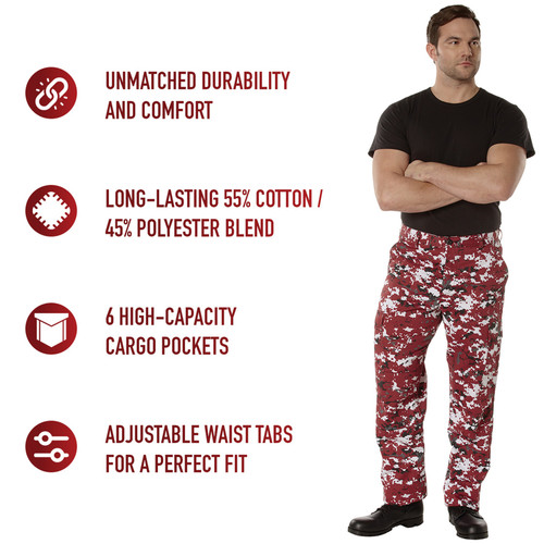 Experience over 4 decades of trusted design with our Digital Camo Tactical BDU Pants. Constructed from a robust cotton / polyester fabric blend, these military cargo pants are built for unparalleled performance and comfort. Providing flexibility, strength, and plenty of pockets, these BDUs are not afraid to get down and dirty, standing up to tough challenges during field missions, tactical operations, law enforcement duties, and outdoor adventures.