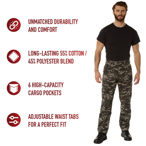 Experience over 4 decades of trusted design with our Digital Camo Tactical BDU Pants. Constructed from a robust cotton / polyester fabric blend, these military cargo pants are built for unparalleled performance and comfort. Providing flexibility, strength, and plenty of pockets, these BDUs are not afraid to get down and dirty, standing up to tough challenges during field missions, tactical operations, law enforcement duties, and outdoor adventures.