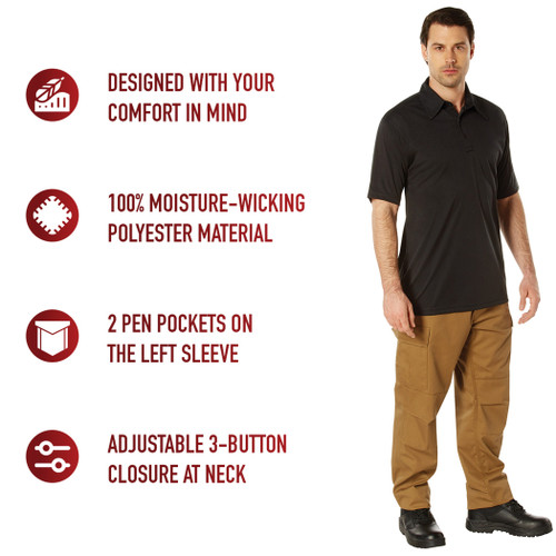 BLACK - Rothco Tactical Performance Polo Shirt