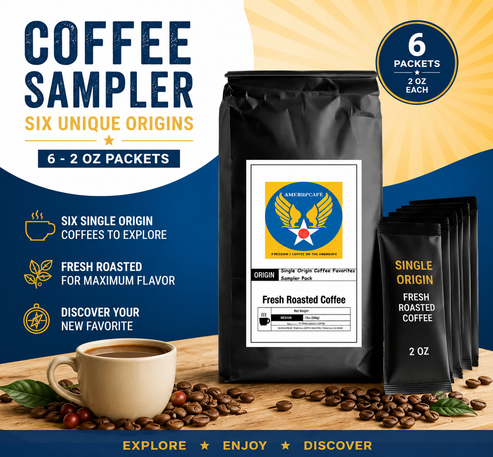 Discover our six best-selling coffees in one convenient sampler pack. Each 2-ounce portion brews 4–6 cups, perfect for trying before committing to full bags. This curated selection features three signature blends—6 Bean, Cowboy, and Breakfast—alongside three single origins from Peru, Mexico, and Bali. All ground to standard grind, compatible with any brewing method. Subscribe and save 10% on every order.