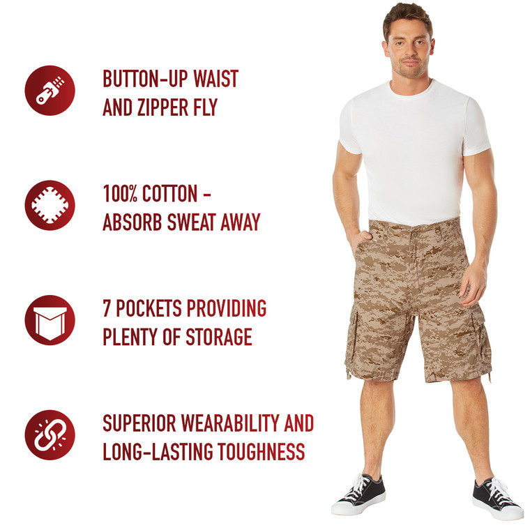 Conquer warm-weather missions with Rothco Vintage Utility Cargo Shorts — tough, breathable shorts in Desert Digital Camo with plenty of tactical storage.