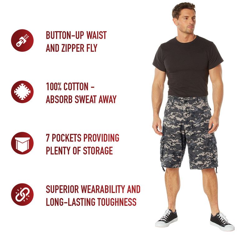 Move with confidence in Rothco Vintage Utility Cargo Shorts — Subdued Urban Digital Camo, rugged fabric, and multiple pockets for gear and essentials.