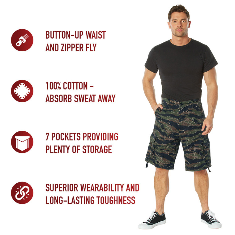 Blend tactical edge with everyday style in Rothco Vintage Utility Cargo Shorts – Tiger Stripe Camo. Durable, versatile, and built for all-day wear.