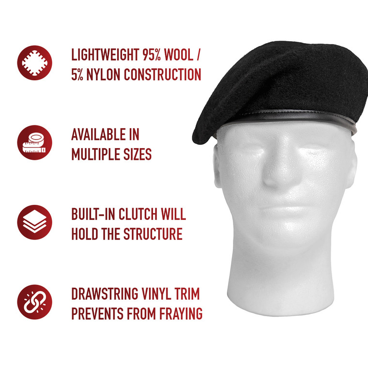Shape Maintenance: Lightweight 95% wool and 5% nylon construction ensures the beret retains its distinctive shape.