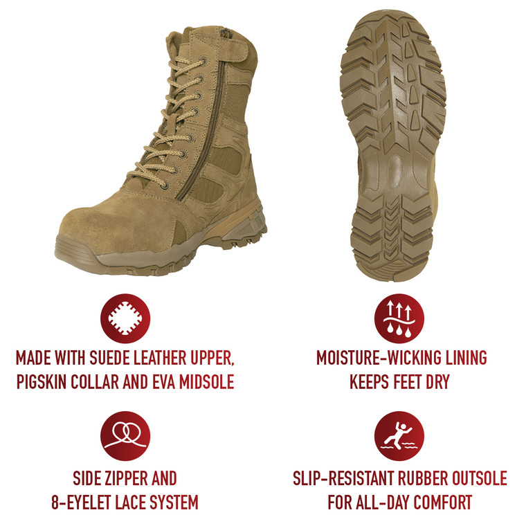 Easy Wear: Side zipper and 8-eyelet lace system for convenient on/off and a secure fit.