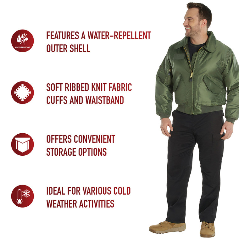 Get ready to battle the elements with our CWU-45P Flight Jacket. Originally created for combat pilots, the CWU-45P jacket is a great way to keep warm and dry. The cold weather uniform jacket features a 100% nylon water-repellent outer shell that protects you from light rain and snow.