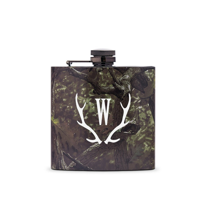 Personalized Camouflage Flask - Antler Monogram - Groomsmen Gift