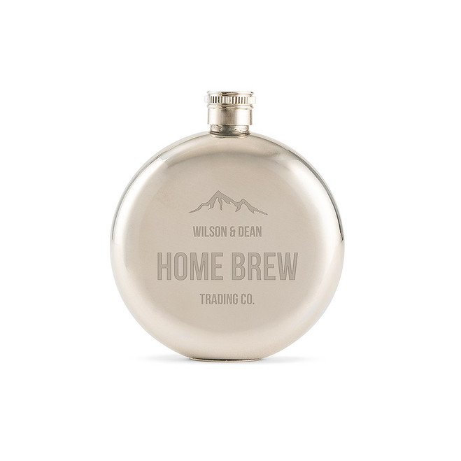 Personalized Silver Flask - Round - Groomsmen Gift - Mountain Engraving