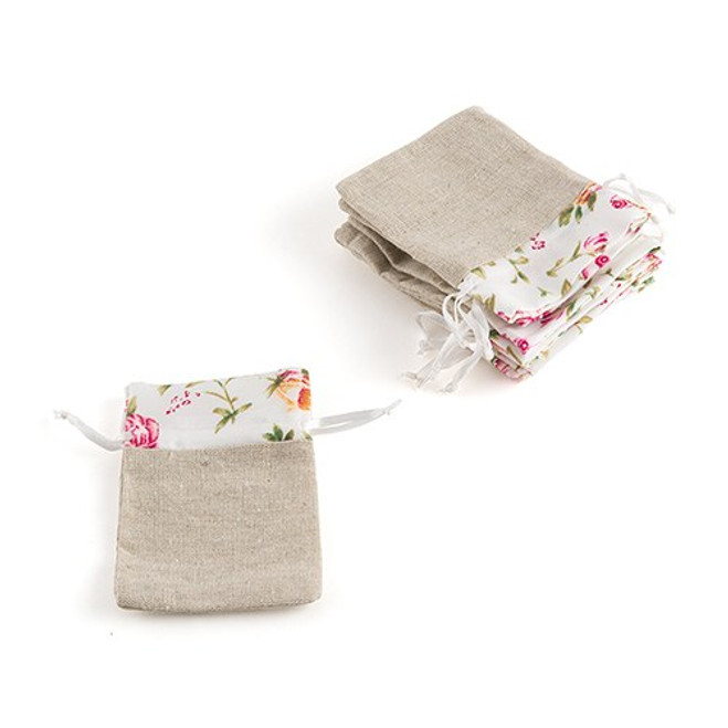 Linen Drawstring Favor Bags with Floral Print