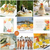 Beach Wedding Inspiration in Orange and Yellow w/Diamonds & Sunshine invitation, Coral bottle stopper favors, Bride & Groom Lounging cake topper
