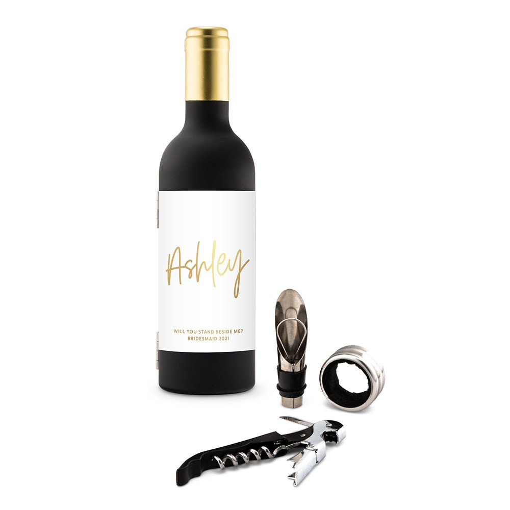 Personalized Corkscrew Gift Set Wine Bottle Shaped Script