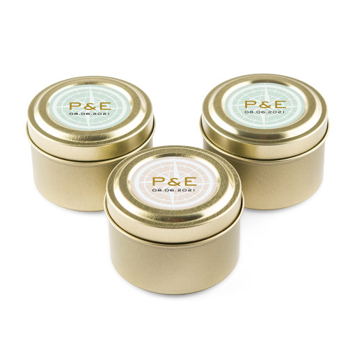 Personalized Candle Favors in Gold Tin - Vintage Travel Personalized Candle Favors in Gold Tin - Vintage Travel