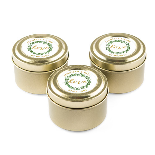 Personalized Candle Favors in Gold Tin - Love Wreath Personalized Candle Favors in Gold Tin - Love Wreath