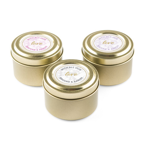 Personalized Candle Favors in Gold Tin - Marble Personalized Candle Favors in Gold Tin - Marble