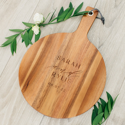 Personalized Round Cutting Board with Handle - Wood - Modern Couple Personalized Round Cutting Board with Handle - Wood - Modern Couple