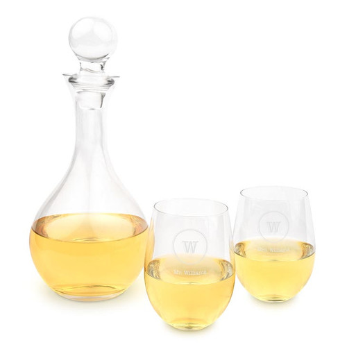 Engraved Decanter Set with Wine Glasses - Personalized - Circle Monogram Engraved Decanter Set with Wine Glasses - Personalized - Circle Monogram