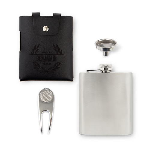 Personalized Golf Flask Gift Set with Faux Leather Case - Title Wreath Personalized Golf Flask Gift Set with Faux Leather Case - Title Wreath
