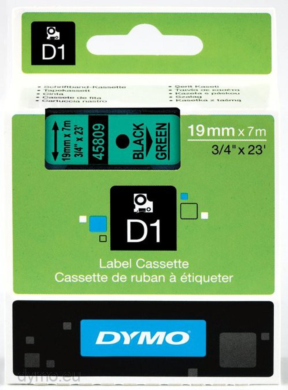 DYMO 45809 Standard D1 Black on Green Label Tape, 3/4", 23' Cassette