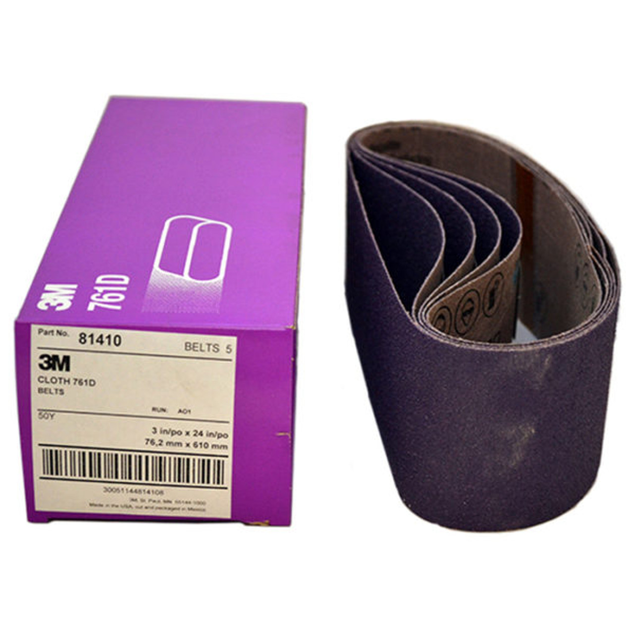 3M 81410 Purple Cloth Sanding Belts, 3" x 24" 50 Grit, Pack of 5