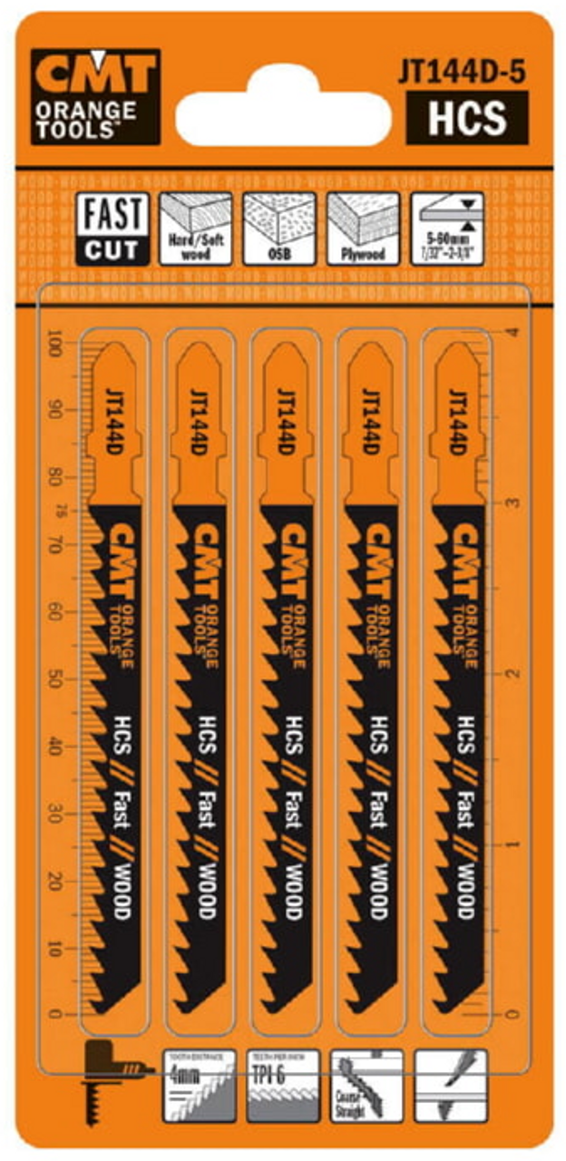 CMT JT144D-5 HCS Fast Coarse Straight Jigsaw Blades, 6 TPI, 4", 5-Pack